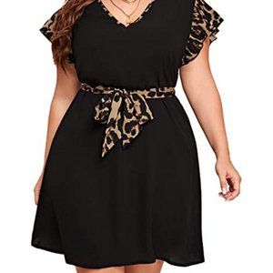 Romwe Women's Plus Size 4x Short Sleeve Leopard Print Belted Casual Midi Dres